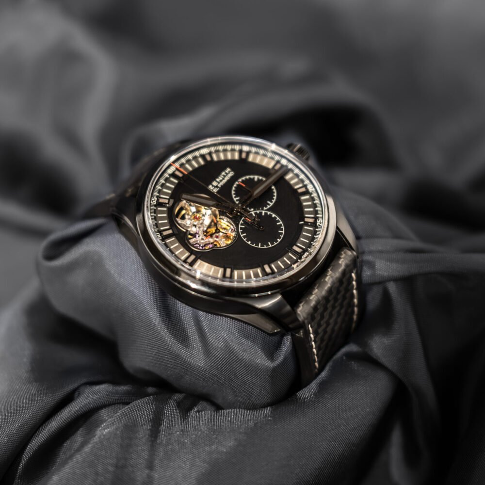 Close-up of the Zenith El Primero Chronomaster Rolling Stones Edition dial showing chronograph subdials