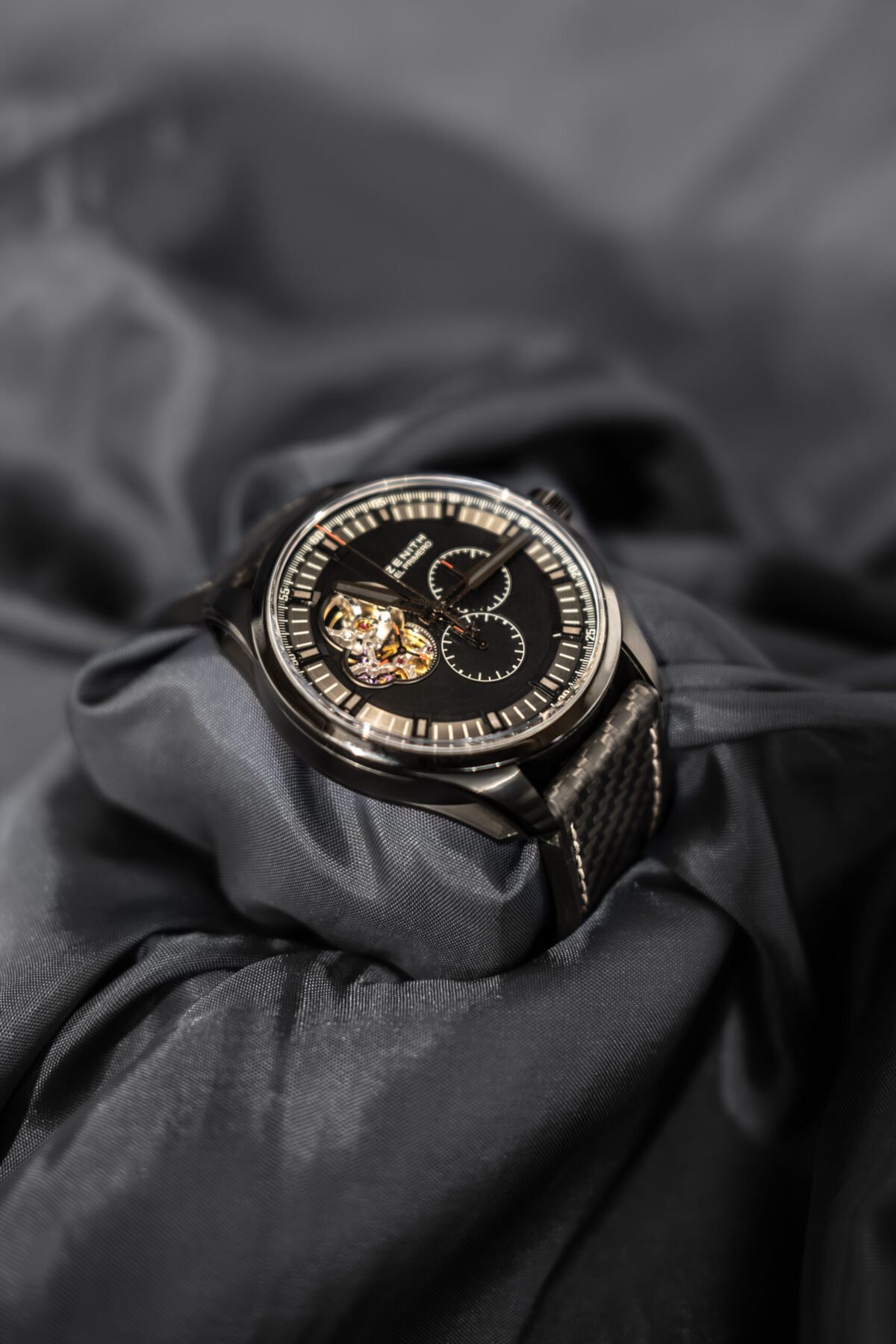 Close-up of the Zenith El Primero Chronomaster Rolling Stones Edition dial showing chronograph subdials