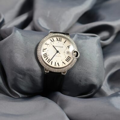 Cartier Ballon Bleu 42mm automatic watch with diamond bezel stainless steel front view