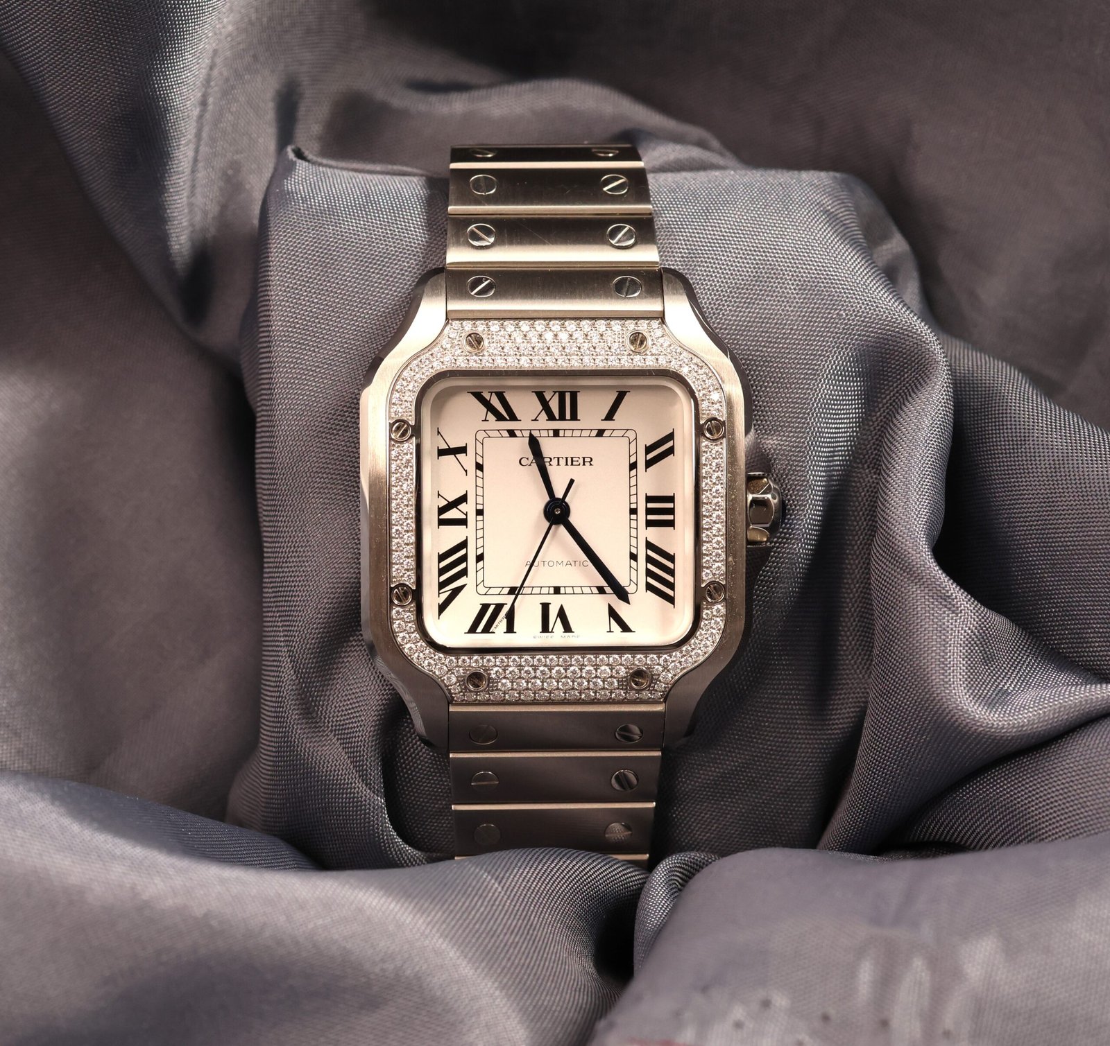 Cartier Santos Large CRW4SA0005 diamond bezel stainless steel watch front view