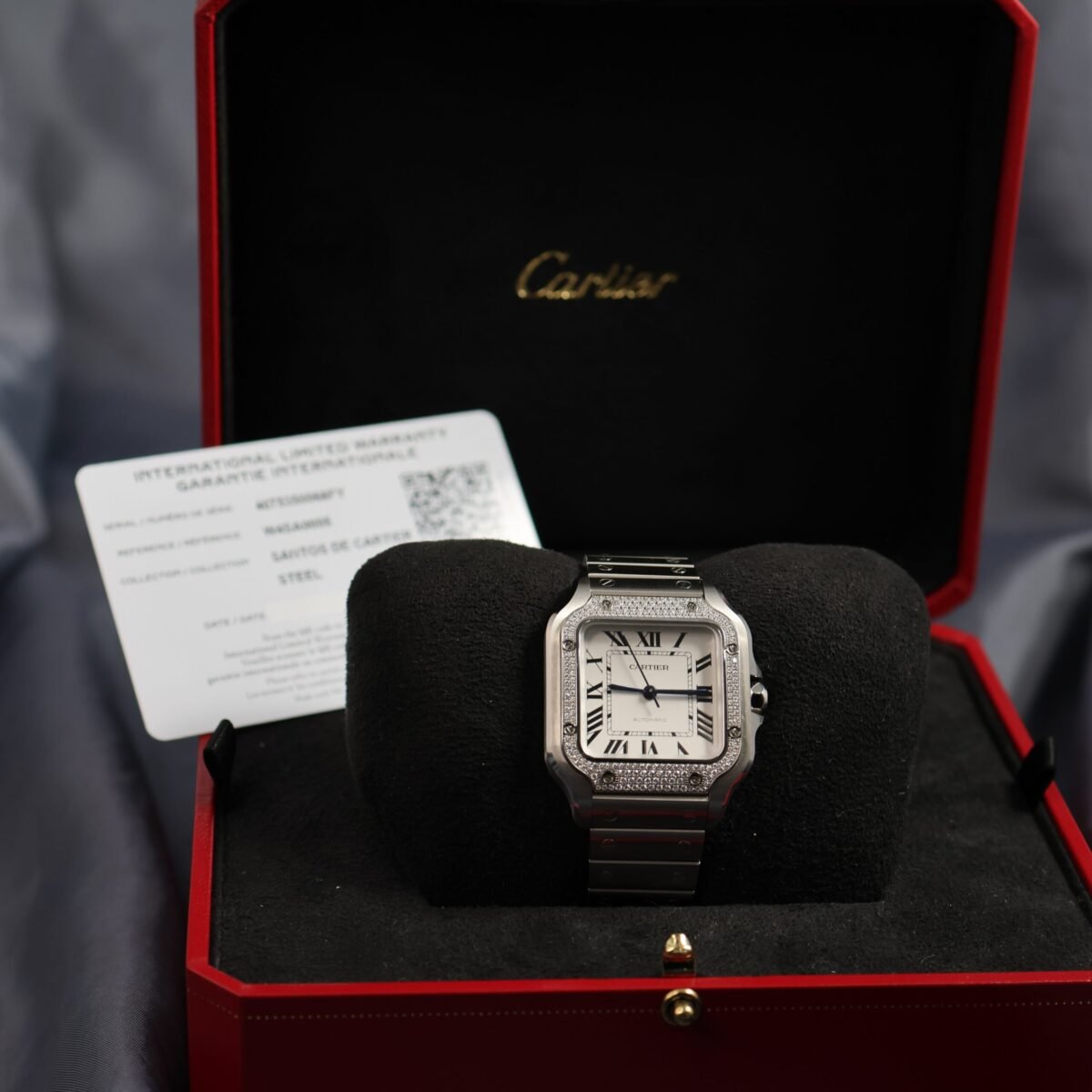 Cartier Santos Large CRW4SA0005 diamond bezel watch with box and papers