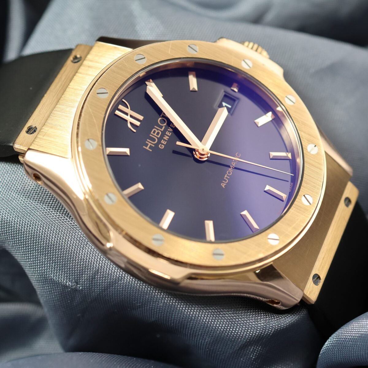 Close-up of the Hublot Classic Tradition 41.5mm Ref. 1915.NE10.8 black dial in 18k yellow gold