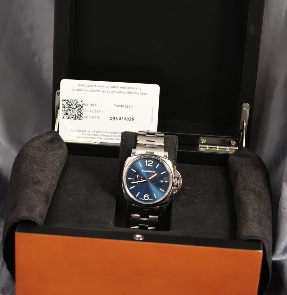 Panerai Luminor 1950 42mm PAM01124 blue dial watch with box and papers
