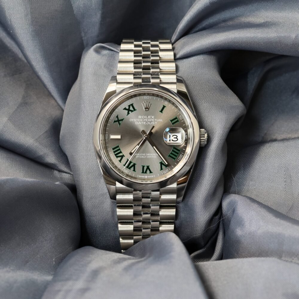 Rolex Datejust 36mm Wimbledon Dial 126200 stainless steel watch front view with jubilee bracelet