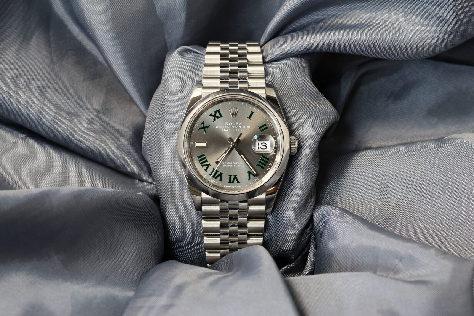 Rolex Datejust 36mm Wimbledon Dial 126200 stainless steel watch front view with jubilee bracelet