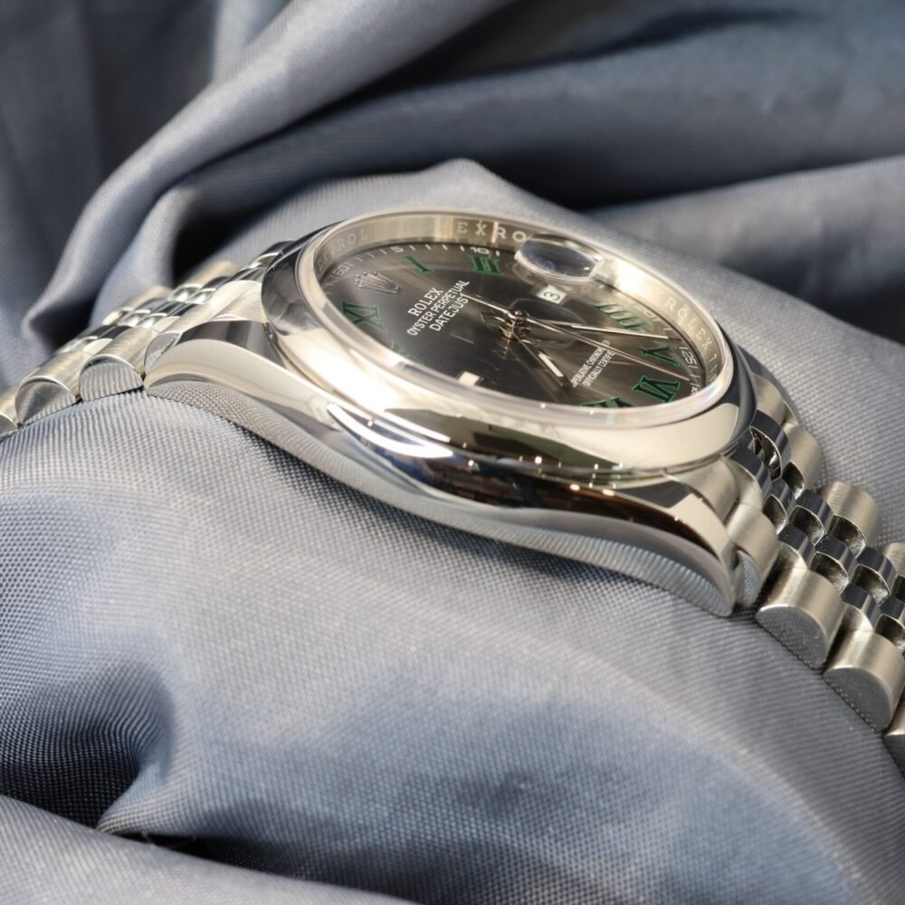 Rolex Datejust 36mm Wimbledon Dial 126200 stainless steel watch side view with smooth bezel and jubilee bracelet