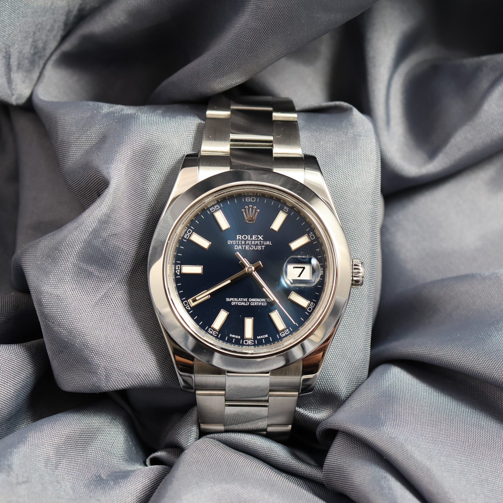 Rolex Datejust 41mm 116300 blue dial stainless steel watch front view