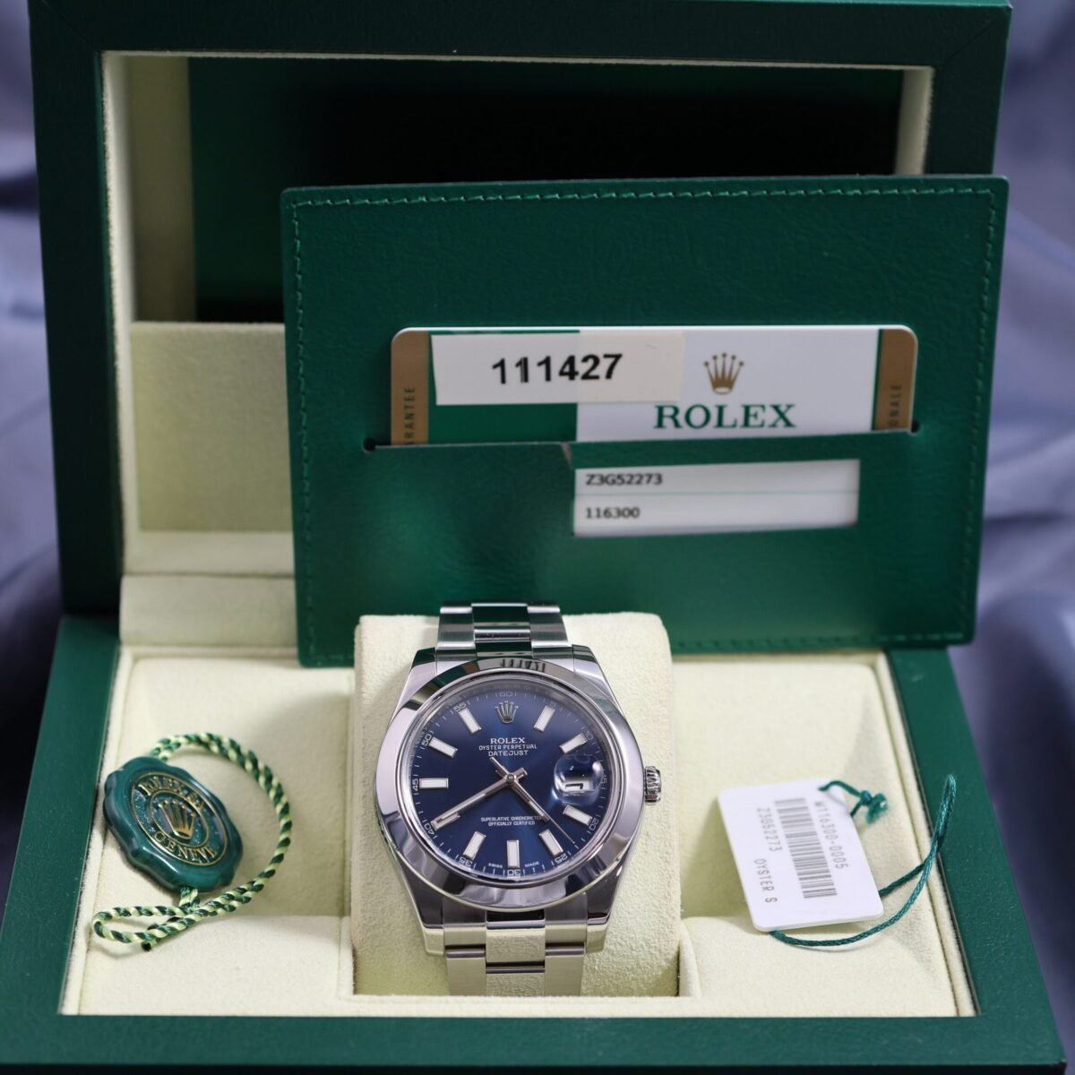Rolex Datejust 41mm 116300 blue dial stainless steel watch with original box and papers