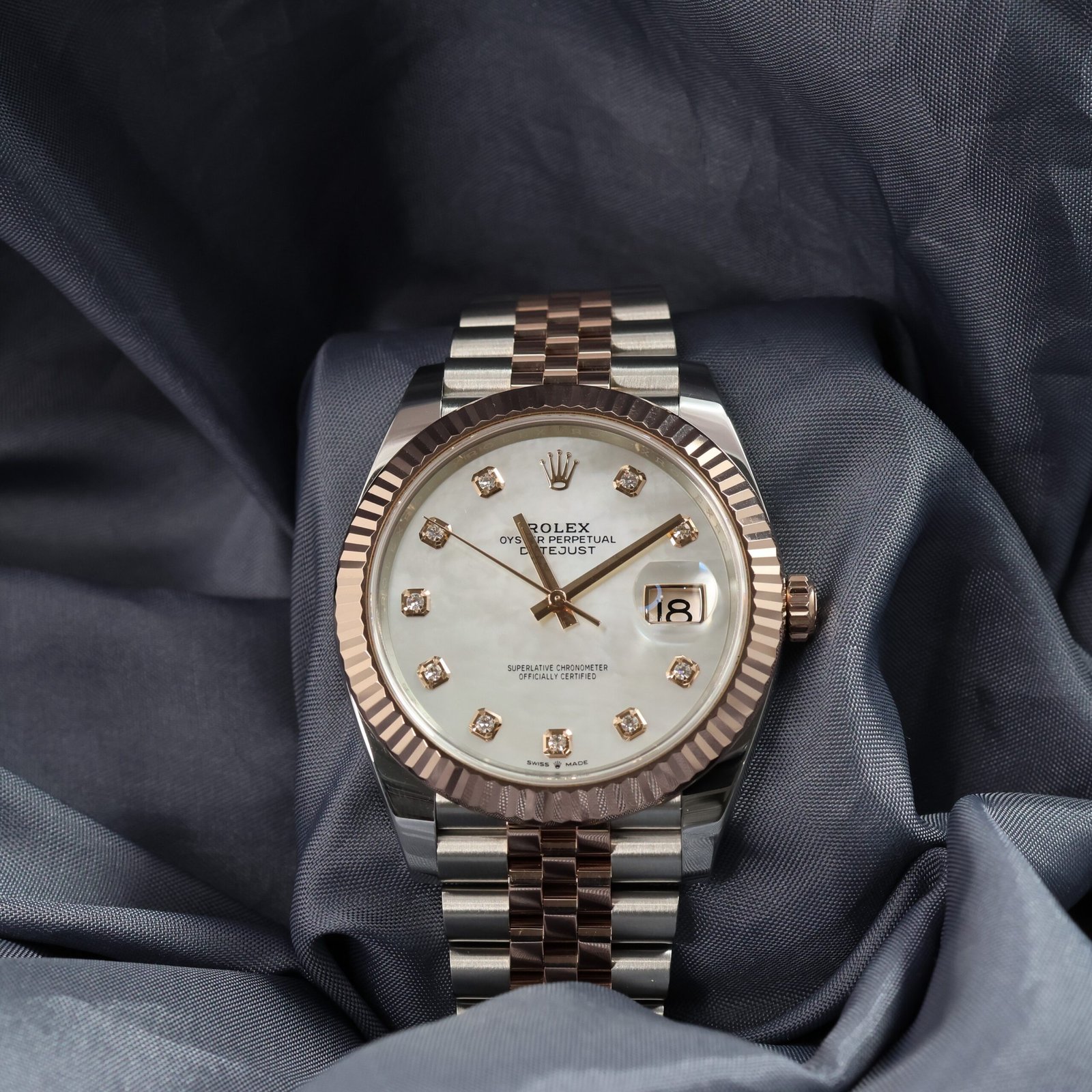 Rolex Datejust 41mm 126331 white mother of pearl dial everose gold fluted bezel front view