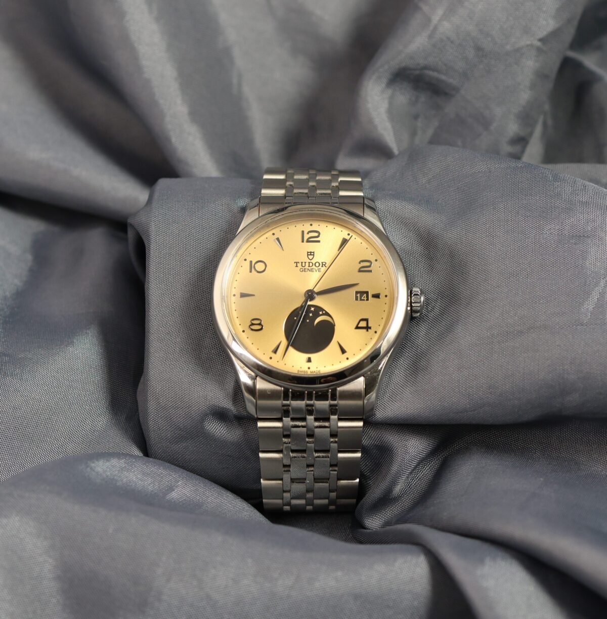 Tudor 1926 39mm Ref. 91560 lunar yellow dial stainless steel watch front view