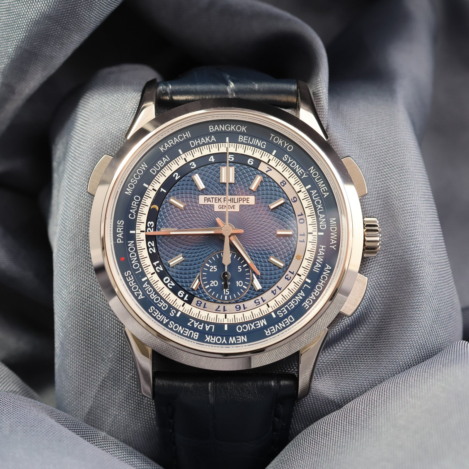 Patek Philippe World Time Flyback Chronograph Blue Guilloché Dial – Ref. 5930G-010 (2021)