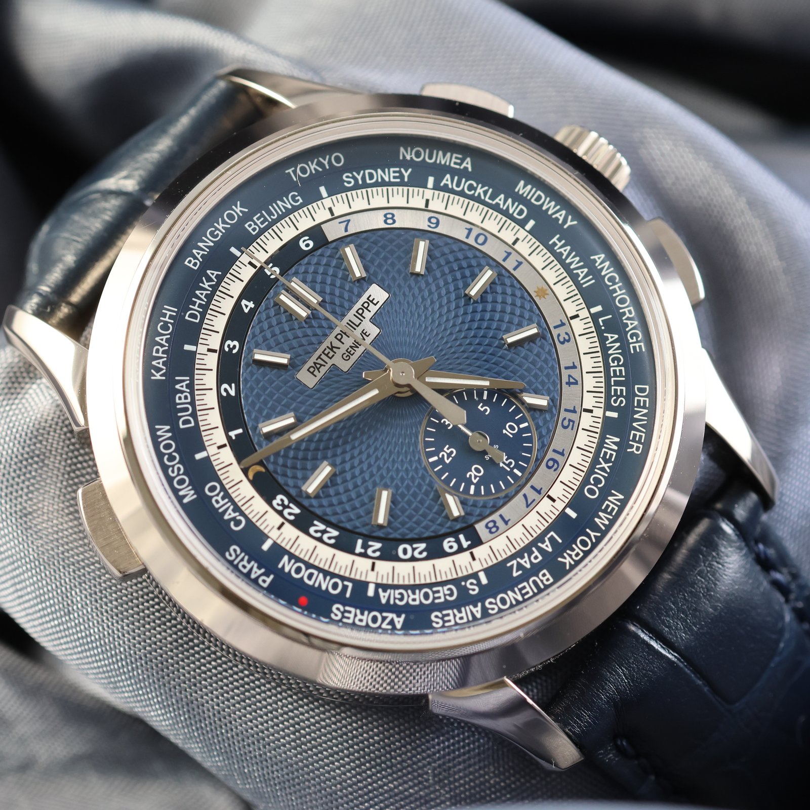 Patek Philippe World Time Flyback Chronograph Blue Guilloché Dial – Ref. 5930G-010 (2021)