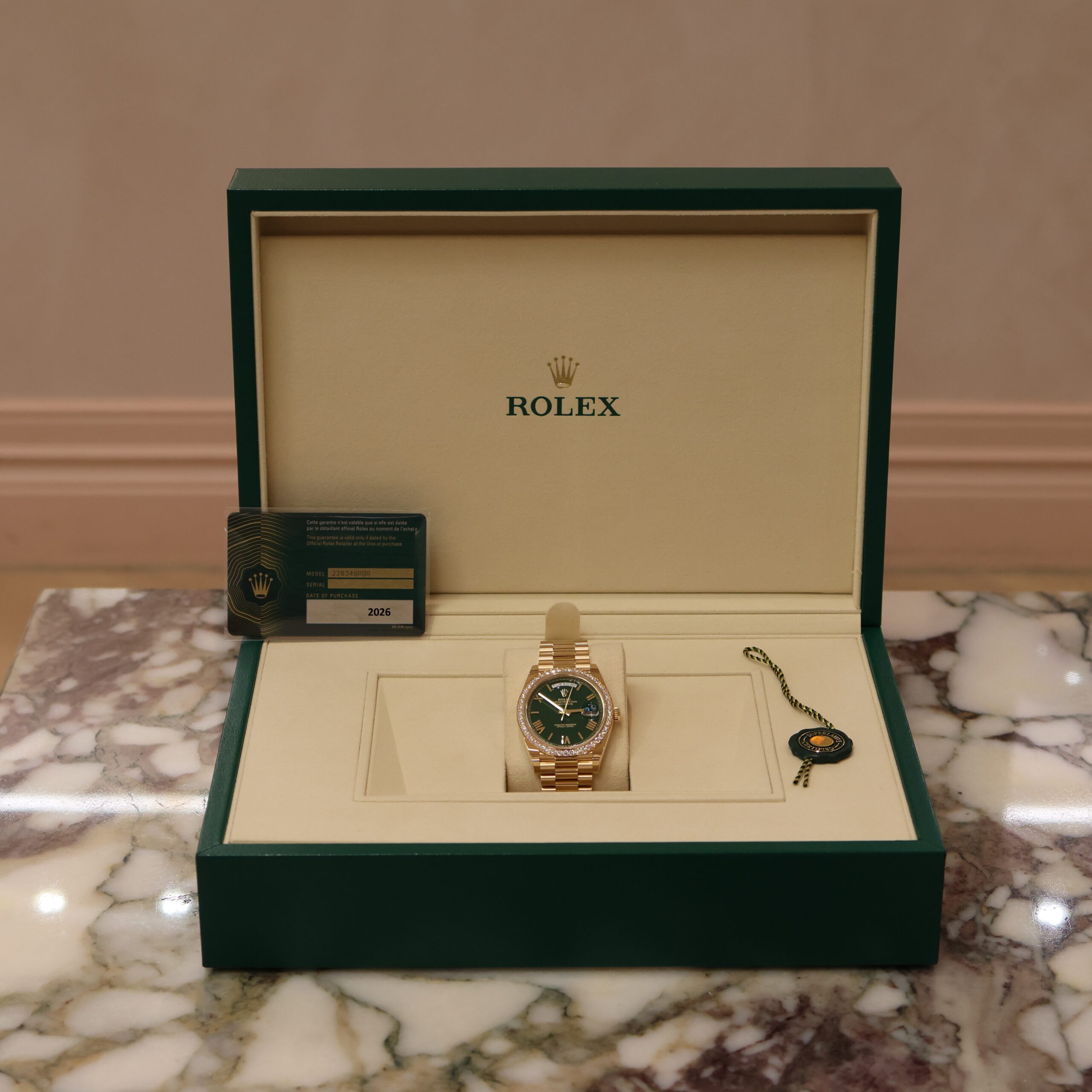 Rolex Day-Date 40 “Money Green” Roman Dial Diamond Bezel President – Ref. 228348RBR (2026)